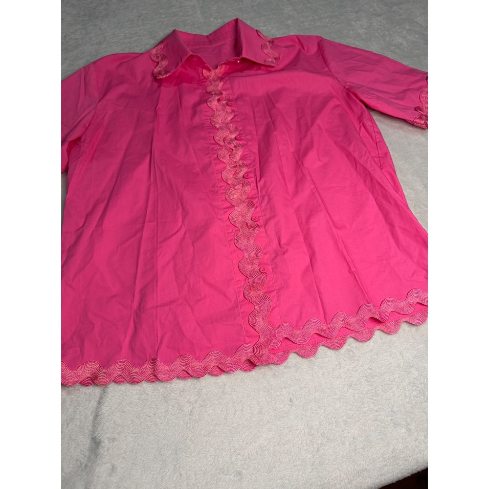 Hot Pink Rickrack Scalloped Trim Cotton Short Sleeve Button Down Shirt Top